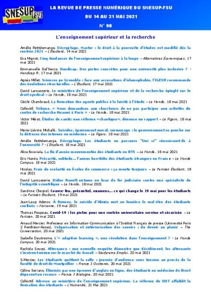 LA REVUE DE PRESSE NUMÉRIQUE DU SNESUP-FSU - Du 14 au 21 mai 2021 - N° 98