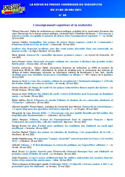 LA REVUE DE PRESSE NUMÉRIQUE DU SNESUP-FSU - Du 21 au 28 mai 2021 - N° 99
