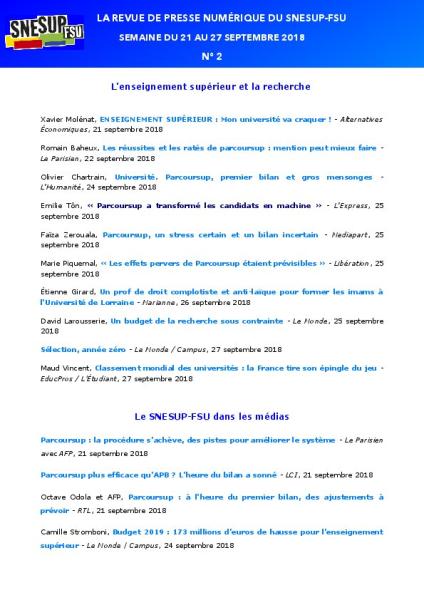 LA REVUE DE PRESSE NUMÉRIQUE DU SNESUP-FSU - Semaine du 21 au 27 septembre 2018 - N° 2