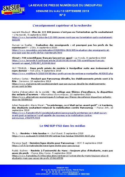 LA REVUE DE PRESSE NUMÉRIQUE DU SNESUP-FSU  - Semaine du 6 au 13 septembre 2018 - N° 0