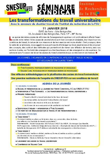 Séminaire du 11 janvier 2018 : les transformations du travail universitaire