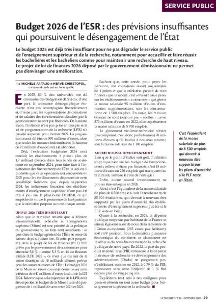 Budget 2026 de l’ESR : des prévisions insuffisantes qui poursuivent le désengagement de l’État