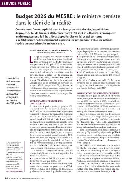 Budget 2026 du MESRE : le ministre persiste dans le déni de la réalité