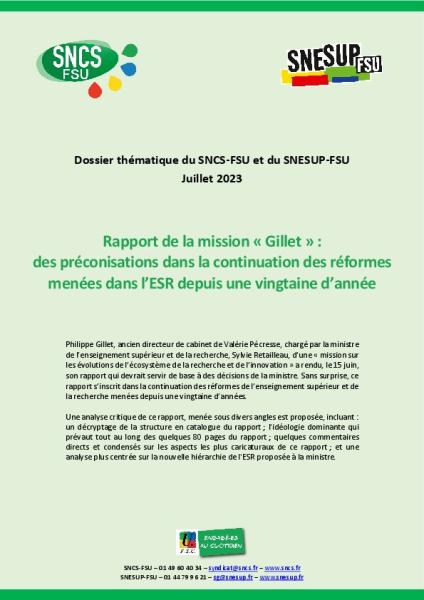 Rapport de la mission "Gillet" - Dossier thématique du SNESUP et du SNCS-FSU, juillet 2023
