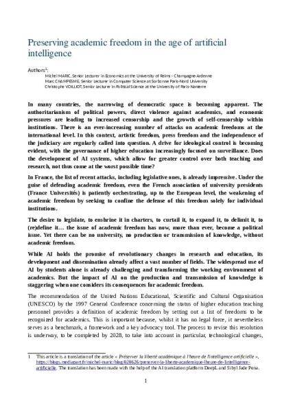 « Preserving academic freedom in the age of artificial intelligence »