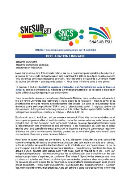 DECLARATION LIMINAIRE du CNESER en commission permanente du 14 mai 2024