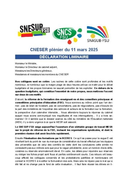 Déclaration liminaire de la FSU au CNESER plénier 11 mars 2025