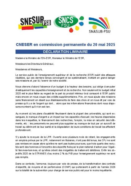 Déclaration liminaire de la FSU au CNESER en CP du 20 mai 2025
