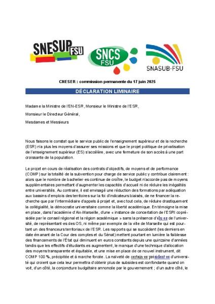 Déclaration liminaire du SNESUP-FSU, SNCS-FSU et SNASUB-FSU au CNESER du mardi 18 juin 2025