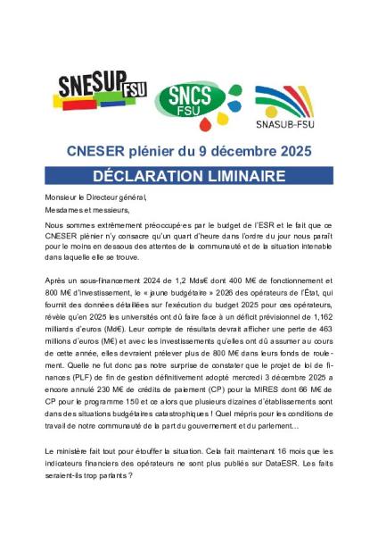 Déclaration liminaire de la FSU au CNESER plénier du 9 décembre 2025