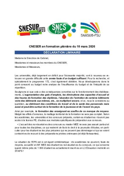 Déclaration liminaire de la FSU au CNESER en formation plénière du 10 mars 2026