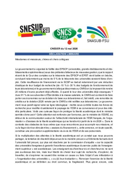 CNESER du 12 mai 2026 – DÉCLARATION LIMINAIRE du SNESUP-FSU, SNCS-FSU, SNASUB-FSU