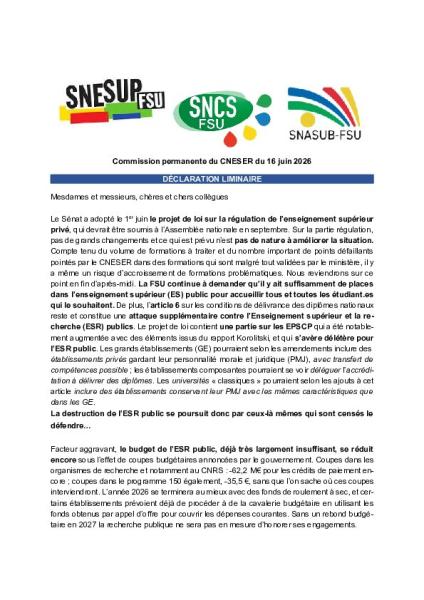 Déclaration liminaire de la FSU au CNESER en CP du 16 juin 2026