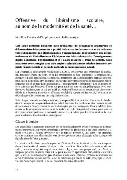 Offensive du libéralisme scolaire,  au nom de la modernité et de la santé…