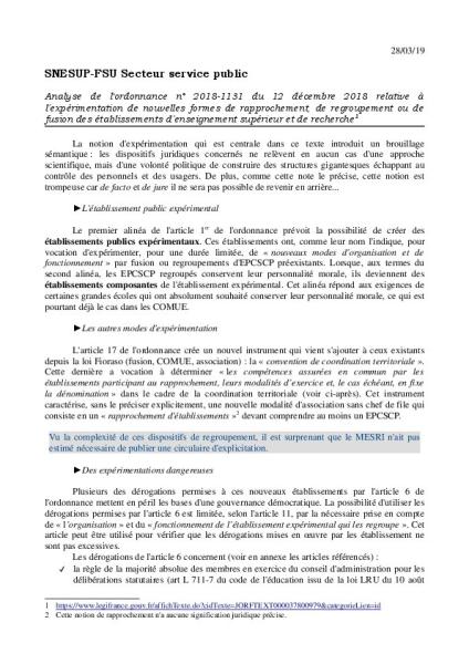 Note d'analyse de l'ordonnance relative aux regroupements (mars 2019)