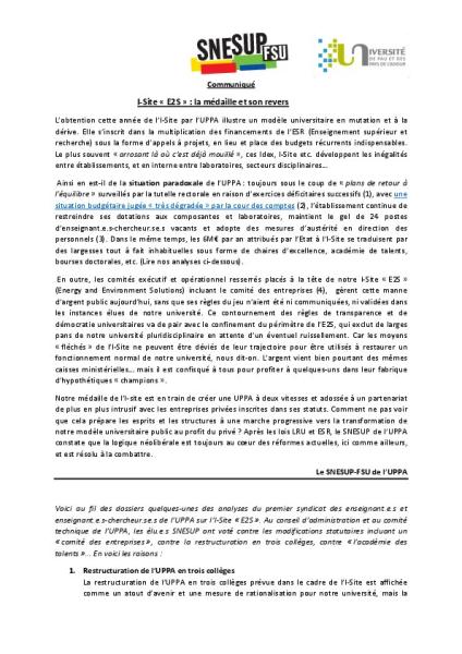 UPPA: I-Site « E2S » : la médaille et son revers 