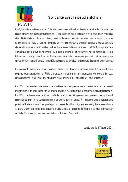  Solidarité avec le peuple afghan - Communiqué FSU du 18 août 2021