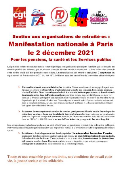 Soutien aux organisations de retraité-es : Manifestation nationale à Paris le 2 décembre 2021 Pour les pensions, la santé et les Services publics