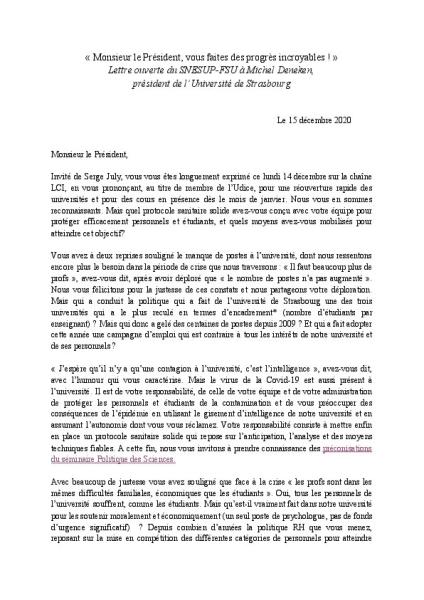 Université de Strasbourg : Lettre ouverte du SNESUP-FSU au président de l’Université, le 15 décembre 2020