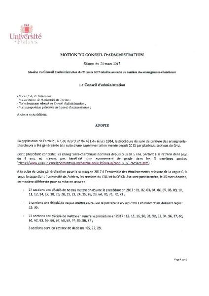 Suivi de carrière : Motion du conseil d'administration de l'université de Poitiers (mars 2017)