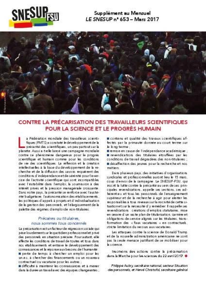 Supplément au mensuel 653 : "Contre la précarisation des travailleurs scientifiques – Pour la science et le progrès humain"