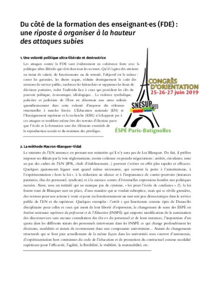 Formation des enseignant·es & CPE | Textes pour le congrès national d'orientation 2019