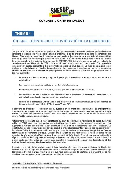 Texte commission 1 - Éthique, déontologie et intégrité de la recherche,  voté au congrès d'orientation 2021 à Rennes 
