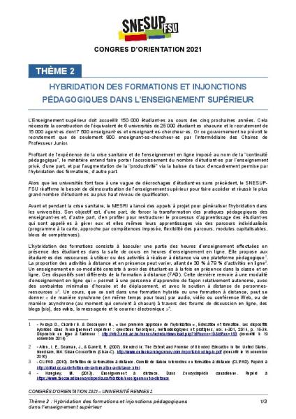Texte commission 2 - Hybridation des formations et injonctions pédagogiques dans l’enseignement supérieur, voté au congrès d'orientation 2021 à Rennes