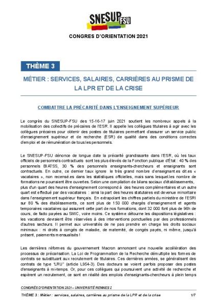 Texte commission 3 - Métier - services, salaires, carrières au prisme de la LPR et de la crise, voté au congrès d'orientation 2021 à Rennes