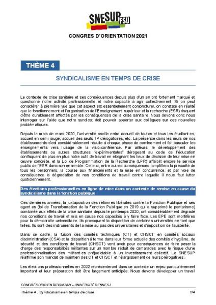 Texte commission 4 - Syndicalisme en temps de crise, voté au congrès d'orientation 2021 à Rennes