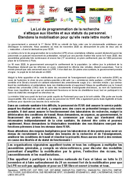 La Loi de programmation de la recherche s’attaque aux libertés et aux statuts du personnel. Communiqué intersyndical du 18 novembre 2020