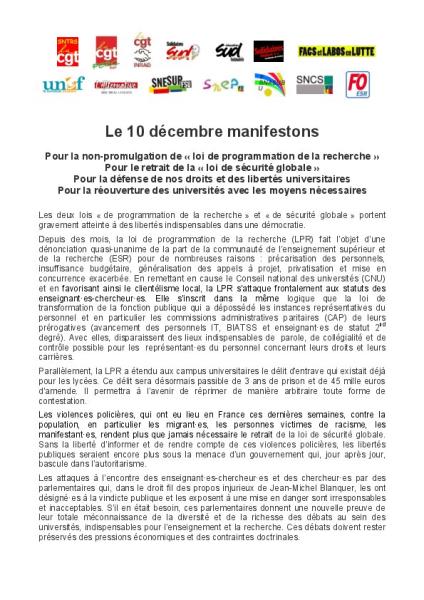 Le jeudi 10 décembre - Appel de l’intersyndicale de l’ESR  à la grève et à la manifestation  - Communiqué intersyndical du 2 décembre 2020