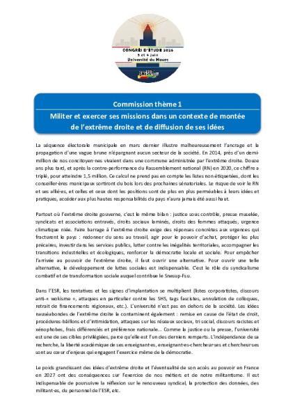 Thème 1 : Militer et exercer ses missions dans un contexte de montée de l’extrême droite et de diffusion de ses idées 