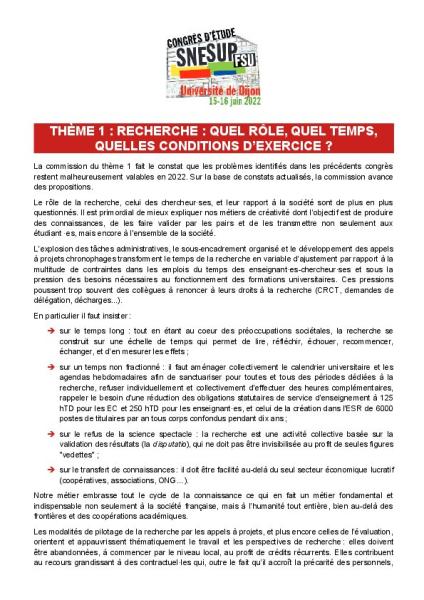 THÈME 1 : Recherche : quel rôle, quel temps, quelles conditions d’exercice ?