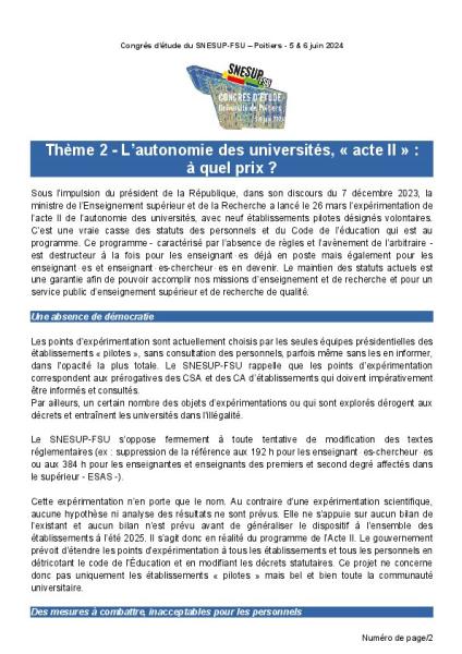 Synthèse - Thème 2 : L'autonomie des universités, "acte II" : à quel prix ? 