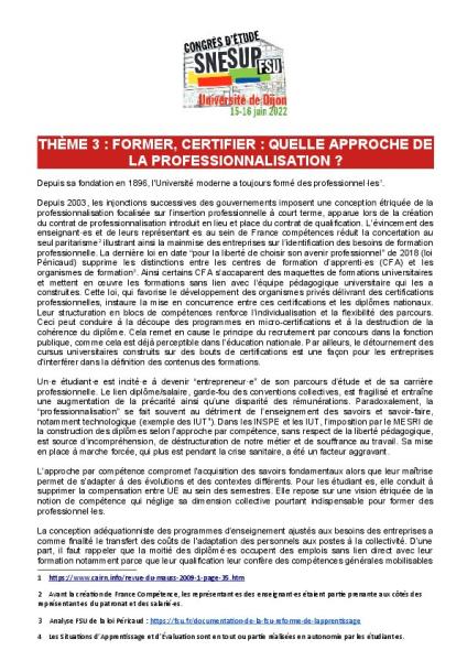 THÈME 3 : Former, certifier, quelle approche de la professionnalisation ?