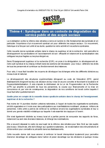 Thème 4 : Syndiquer dans un contexte de dégradation du service public et des acquis sociaux