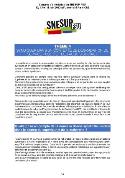 THEME 4 :  SYNDIQUER DANS UN CONTEXTE DE DÉGRADATION DU SERVICE PUBLIC ET DES ACQUIS SOCIAUX