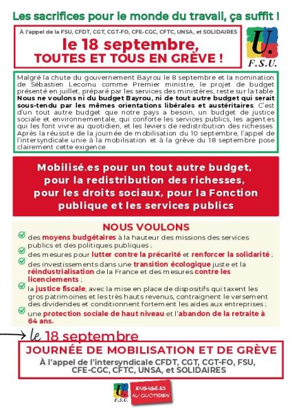 Mobilisation 18 septembre 2025 - Tract FSU