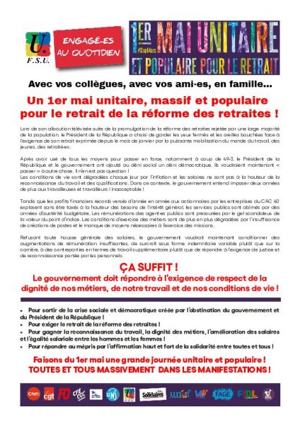 Tract de la FSU du 1er mai - Avec vos collègues, avec vos ami·es, en famille... Un 1er mai unitaire, massif et populaire pour le retrait de la réforme des retraites !