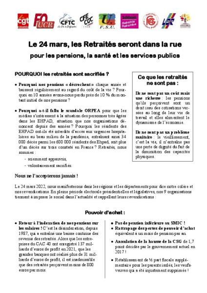 Le 24 mars, les Retraités seront dans la rue pour les pensions, la santé et les services publics  - Tract d'appel pour l'action des retraité-es du 24 mars 