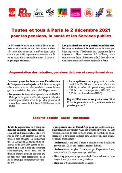 Toutes et tous à Paris le 2 décembre 2021 pour les pensions, la santé et les Services publics - tract unitaire G9