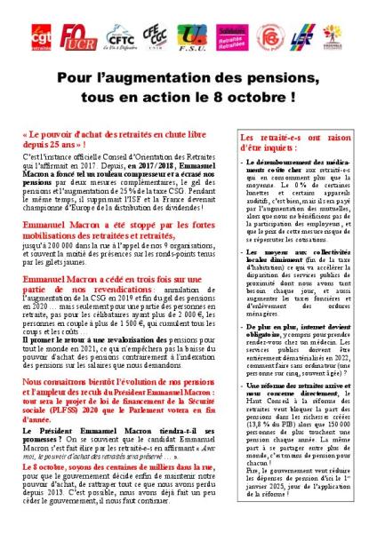 Pour l’augmentation des pensions, tous en action le 8 octobre ! - Tract retraite, octobre 2019