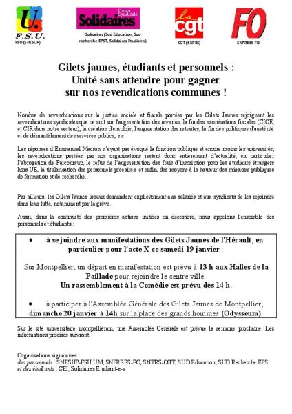 Gilets jaunes, étudiants et personnels : Unité sans attendre pour gagner  sur nos revendications communes ! - Tract intersyndical, des étudiants et personnels de Montpellier, 17 janvier 2019