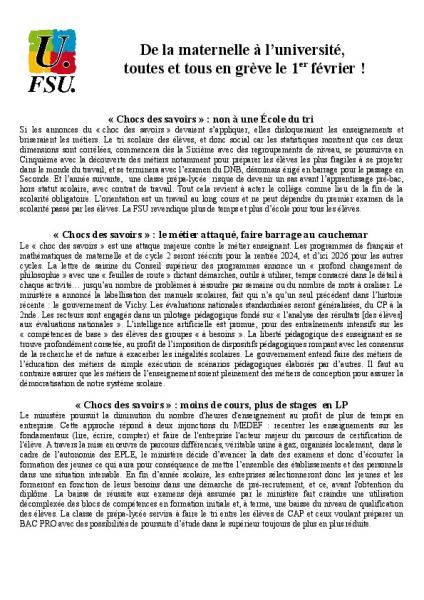 1er FEVRIER 2024 - De la maternelle à l’université, toutes et tous en grève - Tract FSU