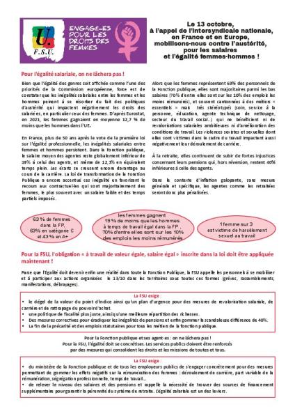 Le 13 octobre, à l’appel de l’intersyndicale nationale, en France et en Europe, mobilisons-nous contre l’austérité, pour les salaires et l’égalité femmes-hommes !! - Tract femmes FSU 