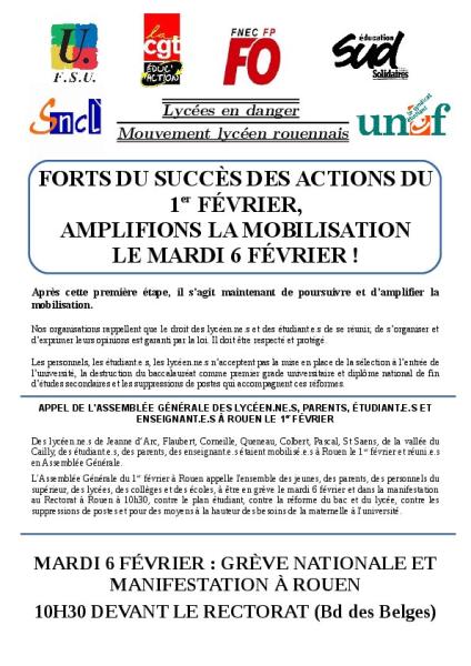 Université de Rouen Normandie : tract -> MARDI 6 FÉVRIER, GRÈVE NATIONALE ET MANIFESTATION À ROUEN