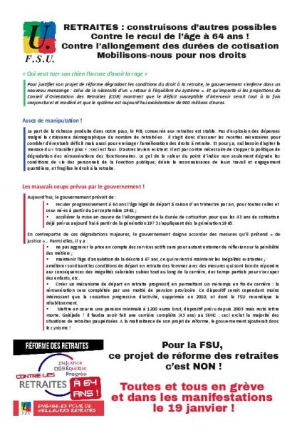 RETRAITES : construisons d’autres possibles. Contre le recul de l’âge à 64 ans ! Contre l'allongement des durées de cotisation ! Mobilisons-nous pour nos droits ! - Tract FSU