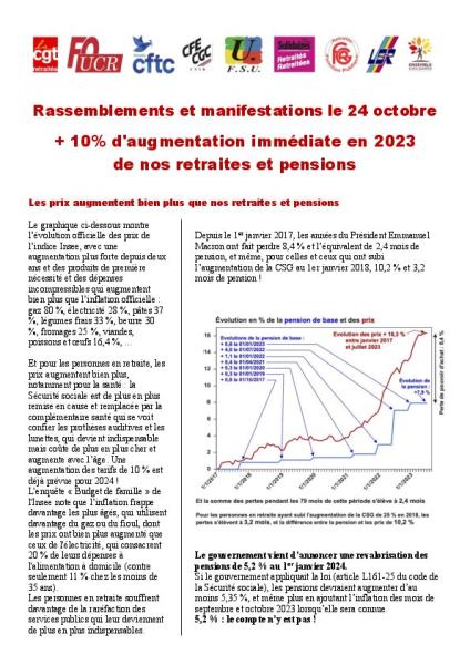 Rassemblements et manifestations le 24 octobre : + 10% d'augmentation immédiate en 2023 de nos retraites et pensions - Tract unitaire