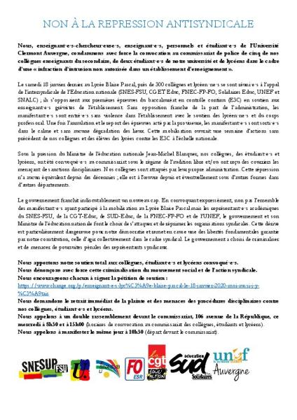 Université Clermont Auvergne : Tribune. « Non à la répression antisyndicale » - 28 janvier 2020